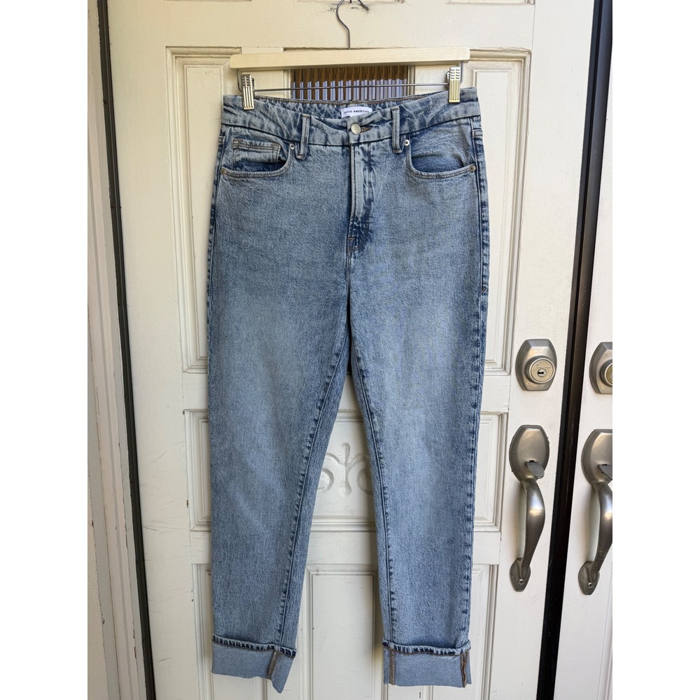 Good American Good Classic Cuffed Jeans Light Acid Wash Blue High Rise Size 8/29
